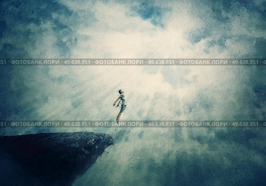 Beautiful painting with a person jumping off a cliff into the clouds. Surreal scene of a boy flying to the light, freedom concept. Mysterious astral levitation and unconscious psychokinesis rapture. Стоковое фото, агентство Ingram Publishing / Фотобанк Лори