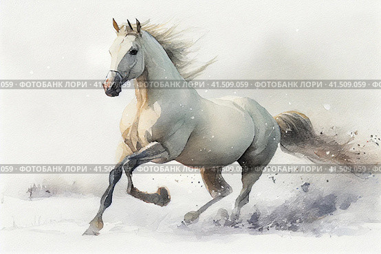 Beautiful running white horse on a light background, watercolor style, Generative AI. Стоковое AI-изображение, AI-художник Анна Кривицкая / Фотобанк Лори
