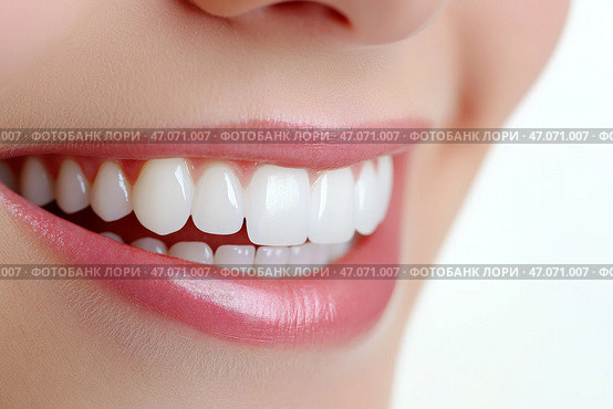 Beautiful Smile. Female smiling, perfect white teeth, close up. Healthy smiles. Perfect teeth of smiling young woman on a white background. Whitening. Dental clinic patient. Oral care, dentistry. Стоковое AI-изображение, AI-художник Марина Демидюк / Фотобанк Лори