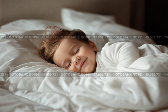 Beautiful smiling baby sleeping peacefully on cozy white bedding. Красивый улыбающийся ребенок мирно спит на уютном белом постельном белье. Стоковое AI-изображение, AI-художник Katsiaryna Repich / Фотобанк Лори