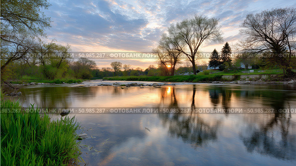 Beautiful sunset reflecting on a calm river in a serene natural setting. Стоковое AI-изображение, AI-художник Katsiaryna Repich / Фотобанк Лори