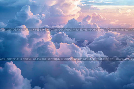 Beautiful sunset sky above clouds from airplane window illuminating the atmosphere. Стоковое AI-изображение, AI-художник Иван Рябоконь / Фотобанк Лори