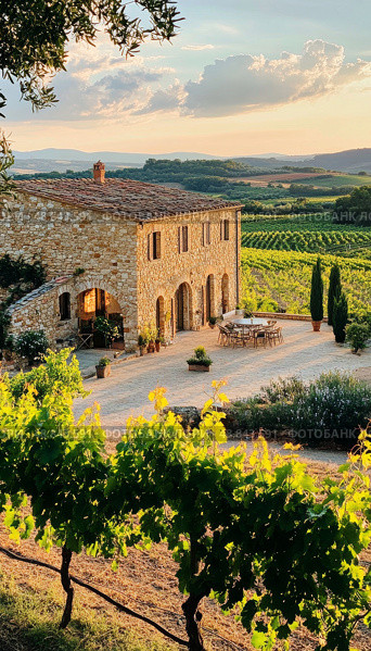 Beautiful Tuscan Vineyard at Sunset With Rustic Stone Farmhouse and Outdoor Dining Area. Стоковое AI-изображение, AI-художник Юлия Гапеенко / Фотобанк Лори