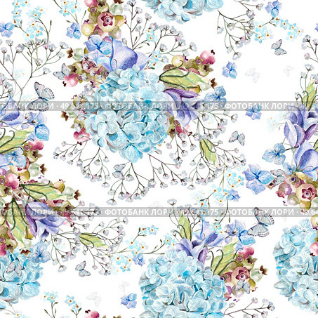 Beautiful watercolor pattern with eucalyptus branches and hydrangea flowers, eustomiya, wildflowers, saskatoon berries.  Illustrations.. Beautiful watercolor pattern with eucalyptus branches and hydrangea flowers, eustomiya, wildflowers, saskatoon berries. Стоковое фото, агентство Ingram Publishing / Фотобанк Лори