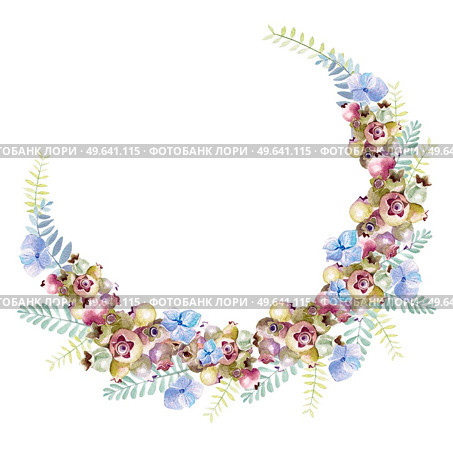 Beautiful watercolor wreath with eucalyptus branches and hydrangea flowers. saskatoon berries. Illustrations.. Beautiful watercolor wreath with eucalyptus branches and hydrangea flowers. saskatoon berries. . Стоковое фото, агентство Ingram Publishing / Фотобанк Лори