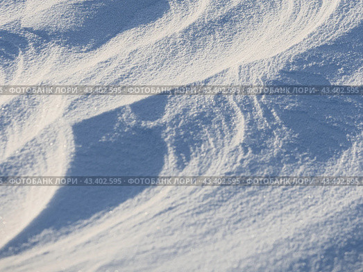 Beautiful winter background with snowy ground. Natural snow texture. Wind sculpted patterns on snow surface. Стоковое фото, фотограф Андрей Степанов / Фотобанк Лори
