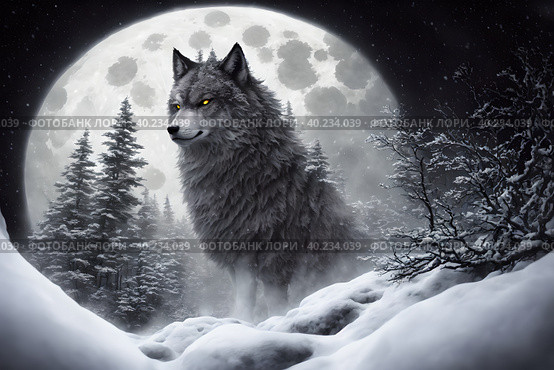 Beautiful winter landscape with giant wolf, warg Fenrir, AI generated. Стоковое AI-изображение, AI-художник Сергей Старуш / Фотобанк Лори