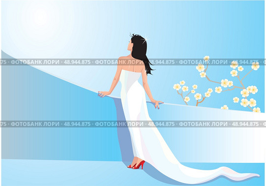 Beautiful woman dressing white dress on balcony (honeymoon illustration) Стоковая иллюстрация, агентство Ingram Publishing / Фотобанк Лори