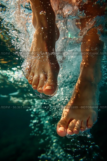 Beautiful woman's feet on water, underwater artworks. Стоковое AI-изображение, AI-художник Katsiaryna Repich / Фотобанк Лори