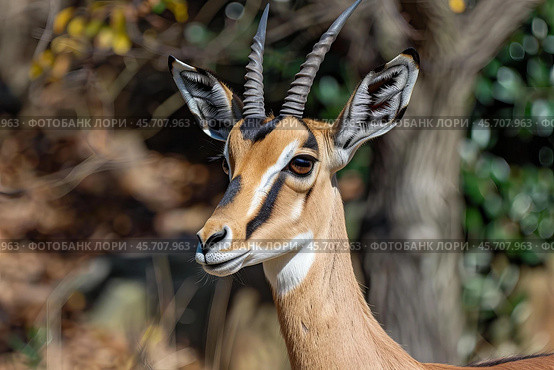 Beautiful young male impala gazelle standing in the forest. Стоковое AI-изображение, AI-художник Иван Рябоконь / Фотобанк Лори