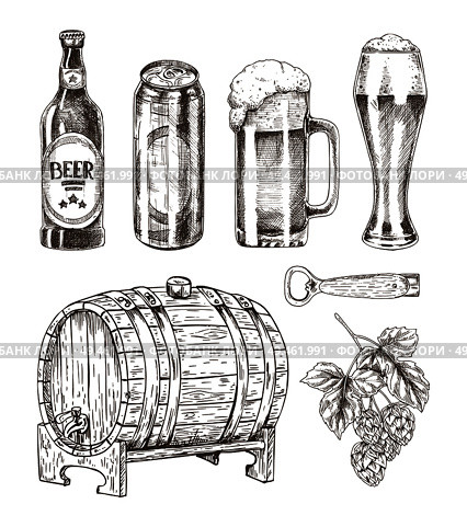 Beer and ale collection isolated on white backdrop, vector illustration of different bottles and alcohol containers, oak cask and hop, can opener. Beer and Ale Collection Isolated on White Backdrop. Стоковая иллюстрация, агентство Ingram Publishing / Фотобанк Лори