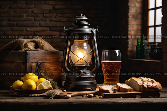 Beer and an old lantern on the table. Стоковое AI-изображение, AI-художник Сергей Елизарьев / Фотобанк Лори