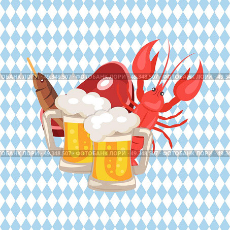 Beer and Snacks Vector Illustration on Checkered. Vector illustration demonstrating set of beer and snacks on checkered background including two pints of beer, well-done crayfish, fish and piece of ham. Стоковая иллюстрация, агентство Ingram Publishing / Фотобанк Лори