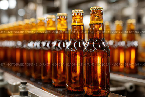Beer Bottling plant. Brown Beer Bottles in rows. Bottling process in modern factory. Capped Glass Beer Bottles ready for distribution in a brewery. Manufacturing. Production of beer in a glass bottle. Стоковое AI-изображение, AI-художник Марина Демидюк / Фотобанк Лори