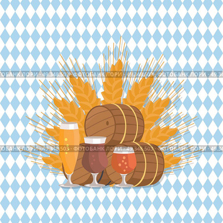 Beer Digustation at Octoberfest Vector Illustation. Beer degustation vector with wooden barrels and three glasses of beer, draught pale and dark beers on ears of wheat on checkered background. Стоковая иллюстрация, агентство Ingram Publishing / Фотобанк Лори