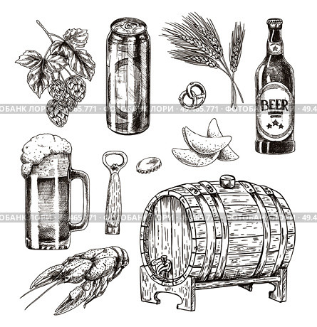 Beer ingredients set and snack vector illustration isolated on white cask with bottle opener, chips and pretzels, roasted crayfish with hop and wheat. Beer Ingredients Set and Snack Vector Illustration. Стоковая иллюстрация, агентство Ingram Publishing / Фотобанк Лори