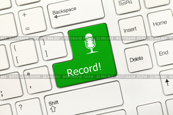 Белая концептуальная клавиатура - Клавиша "Record!" ("Запись!") с изображением микрофона. Стоковое фото, фотограф Самохвалов Артем / Фотобанк Лори