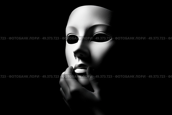 Белая театральная маска в темноте. Стоковое AI-изображение, AI-художник Александр Жуков / Фотобанк Лори