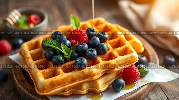 Belgian waffles with golden honey and fresh blueberries, raspberries and mint leaves on a rustic wooden table with a beautiful napkin. Delicious dessert. Copy space. Стоковое AI-изображение, AI-художник Iva Noel / Фотобанк Лори
