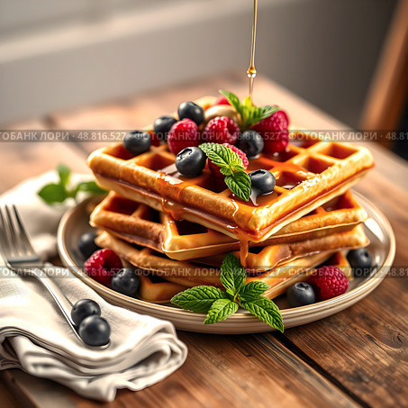 Belgian waffles with golden honey and fresh blueberries, raspberries and mint leaves on a rustic wooden table with a beautiful napkin. Delicious dessert. Copy space. Стоковое AI-изображение, AI-художник Iva Noel / Фотобанк Лори