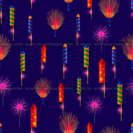 Bengal fires, colorful rockets and sparkler firework elements seamless pattern endless texture in cartoon style flat design. New Year wrapping paper, pyrotechnic firecracker fabric vector illustration. Bengal Fires, Colorful Rockets, Sparkler Fireworks. Стоковая иллюстрация, агентство Ingram Publishing / Фотобанк Лори