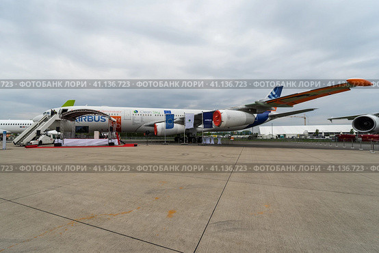 BERLIN, GERMANY - APRIL 25, 2018: The prototype of the aircraft project BLADE (Breakthrouh Laminar Aircraft Demonstrator in Europe) Airbus A340-300 MSN1. Exhibition ILA Berlin Air Show 2018. Редакционное фото, фотограф Sergey Kohl / Фотобанк Лори