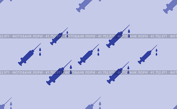Бесшовный узор из крупных изолированных синих символов шприца. Узор разделен линией элементов более светлых тонов. Иллюстрация на светло-голубом фоне. Стоковая иллюстрация, иллюстратор Карпенко Алексей / Фотобанк Лори