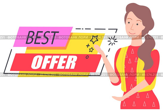 Best offer and price with discount on sale capture on pink and red fields. Good deal for people. Happy brunette girl offering vector illustration. Best Offer Discount Capture, Happy Girl Offering. Стоковая иллюстрация, агентство Ingram Publishing / Фотобанк Лори