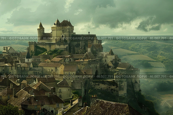 Beynac et cazenac dominating the dordogne valley under cloudy sky. Стоковое AI-изображение, AI-художник Иван Рябоконь / Фотобанк Лори
