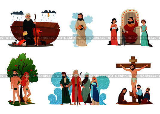 Bible narratives stylized compositions set with noah ark forbidden fruit moses story and crucifixion isolated vector illustration . Bible Stories Set . Стоковая иллюстрация, агентство Ingram Publishing / Фотобанк Лори