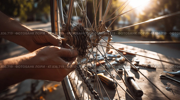 Bicycle maintenance in a sunlit outdoor workspace during the afternoon. Человек ремонтирует велосипедное колесо на открытом воздухе. Инструменты разбросаны на деревянной поверхности, солнце садится, заливая теплым светом кропотливую работу. Стоковое AI-изображение, AI-художник Katsiaryna Repich / Фотобанк Лори