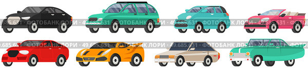 Big automobile set, car sedan. Urban transport. Colorful passenger cars, wheeled vehicle side view. Machines collection with sedan minivan coupe cabriolet crossover cars isolated, automobiles models. Big automobile set, car sedan. Urban transport. Colorful passenger cars, wheeled vehicle side view. Стоковая иллюстрация, агентство Ingram Publishing / Фотобанк Лори