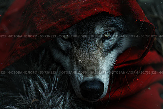 Big bad wolf wearing red hood starring menacingly. Стоковое AI-изображение, AI-художник Иван Рябоконь / Фотобанк Лори