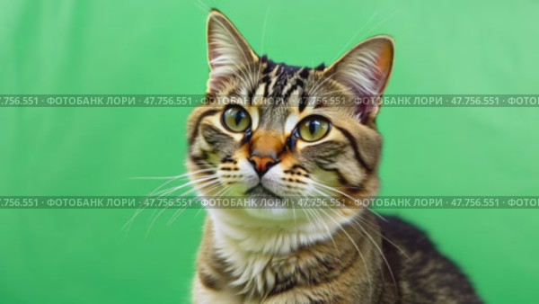 Big Cat on green screen chromakey. Gray kitten isolated on a greenscreen. Feline is Sitting, Looking Up, Playing and Catching. Meowing Cat licks its muzzle. Keying. Advertising video. Goods for pets. Стоковое AI-видео, аниматор Марина Демидюк / Фотобанк Лори