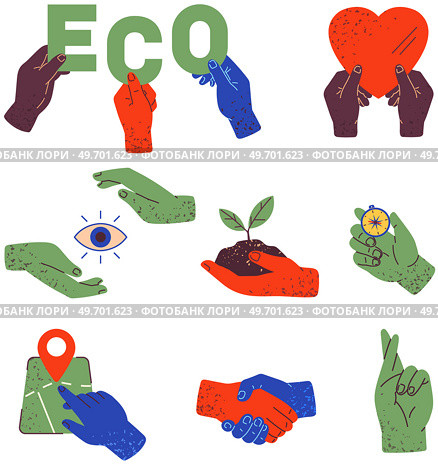 Big set of colorful hands holding different signs and symbols. Human palms with tools and objects. Miscellaneous gestures and stuff. Attributes, devices, instrument in hands vector illustration. Big set of colorful hands holding different signs and symbols. Human palms with gestures and objects. Стоковая иллюстрация, агентство Ingram Publishing / Фотобанк Лори