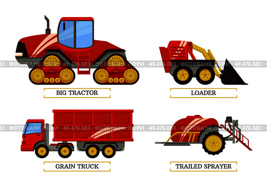 Big tractor and loader trailed sprayer and grain truck. Isolated icons vector agricultural machinery, agrimotor with trailer container transportation. Big Tractor and Loader Set Vector Illustration. Стоковая иллюстрация, агентство Ingram Publishing / Фотобанк Лори