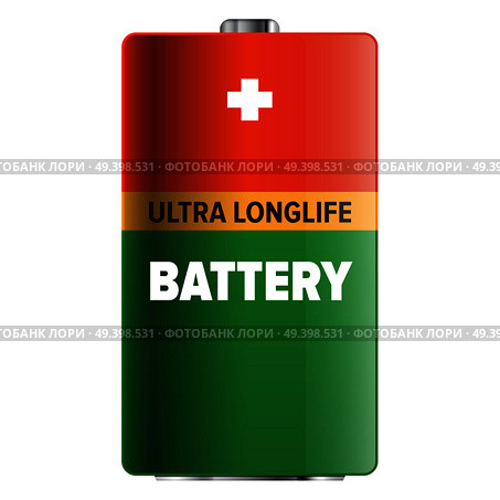Big ultra longlife battery isolated on white background. Capacious energy container for long term usage of electronic devices. Galvanic appliance to refill power content vector illustration.. Big Ultra Longlife Battery Isolated Illustration. Стоковая иллюстрация, агентство Ingram Publishing / Фотобанк Лори