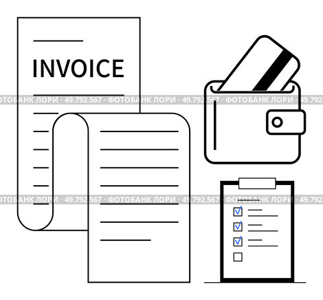 Billing invoice, credit card in wallet, and checklist. Ideal for finance, accounting, bookkeeping, shopping, budgeting transaction management business operations. Line metaphor. Billing Invoice, Payment Wallet with Credit Card, and Checklist Elements for Financial Management. Стоковая иллюстрация, агентство Ingram Publishing / Фотобанк Лори