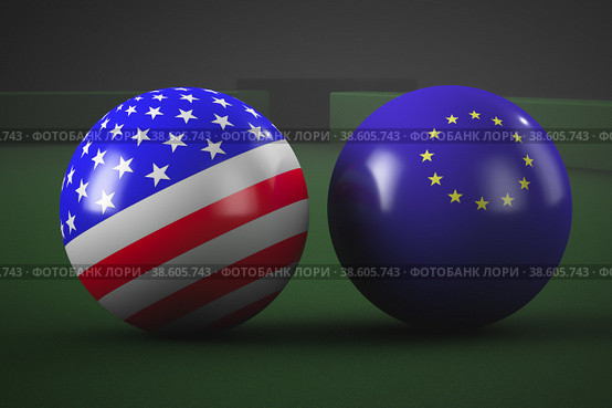 Бильярдные шары стилизованные в флаги США и Евросоюза. Геополитические игры. Стоковое фото, фотограф Happyphotons / Фотобанк Лори