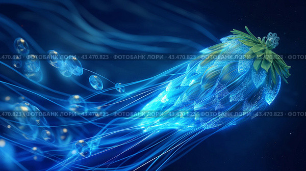 Bioluminescent Jellyfish with Leaf-Like Appendages. Стоковое AI-изображение, AI-художник Кирилл Черезов / Фотобанк Лори