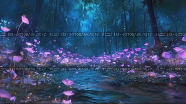 Bioluminescent mushrooms glowing softly, casting luminous blue green light along shadowy forest trail, revealing mystical woodland landscape during midnight hours. Стоковое AI-видео, аниматор Юрий Поздников / Фотобанк Лори