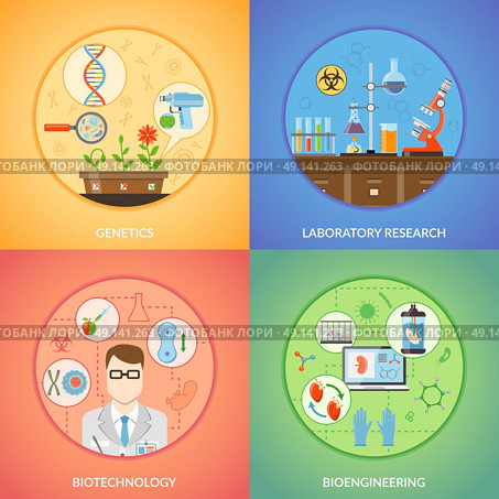 Biotechnology And Genetics 2x2 Design Concept . Biotechnology 2x2 design concept set of genetics bioengineering and laboratory research icons collection flat vector illustration . Стоковая иллюстрация, агентство Ingram Publishing / Фотобанк Лори