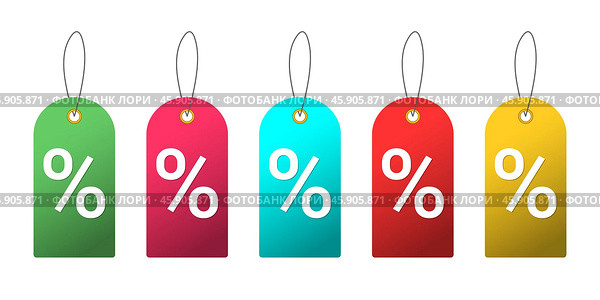 Бирки о скидках со знаком процента на белом фоне. Discount tags with percent sign isolated on white background. Стоковая иллюстрация, иллюстратор Ирина Щербакова / Фотобанк Лори