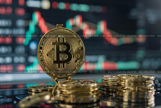 Bitcoin cryptocurrency standing on pile of golden coins with trading chart background. Стоковое AI-изображение, AI-художник Иван Рябоконь / Фотобанк Лори