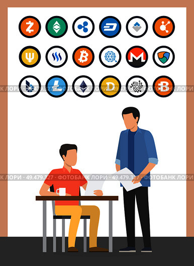 Bitcoin currency boss and employee people, set of cryptocurrencies vector. Bitshare and monero, blockchain technology and business start up in office. Bitcoin Currency Boss and Employee Set Vector. Стоковая иллюстрация, агентство Ingram Publishing / Фотобанк Лори