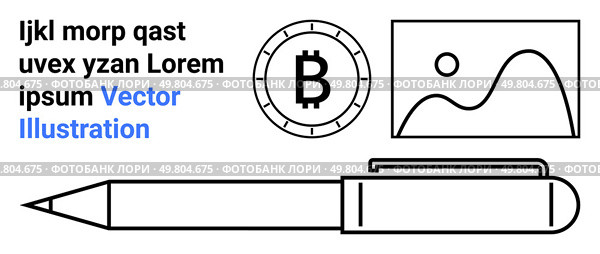 Bitcoin symbol on a coin, abstract landscape drawing, ballpoint pen, and placeholder text. Ideal for cryptocurrency, digital art, finance, technology, minimalism, design, and branding. Landing page. Cryptocurrency, Art, and Writing A Comprehensive Overview in a Minimalist Design. Стоковая иллюстрация, агентство Ingram Publishing / Фотобанк Лори