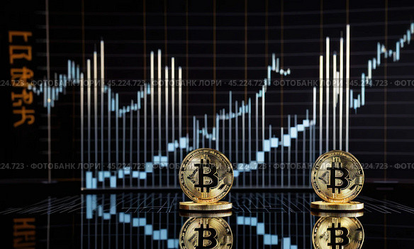 Bitcoin to the moon, bullish BTC, investment in BTC cryptocurrency increases high value, abstract, gold medal floating, candlestick graphs and bright green arrows on the back, AI. Стоковое AI-изображение, AI-художник Sergey Grishin / Фотобанк Лори