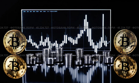 Bitcoin to the moon, bullish BTC, investment in BTC cryptocurrency increases high value, abstract, gold medal floating, candlestick graphs and bright green arrows on the back, AI. Стоковое AI-изображение, AI-художник Sergey Grishin / Фотобанк Лори