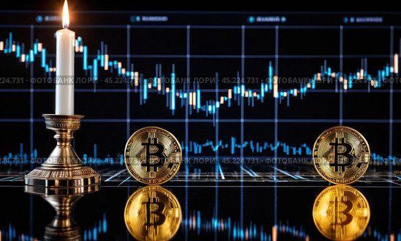 Bitcoin to the moon, bullish BTC, investment in BTC cryptocurrency increases high value, abstract, gold medal floating, candlestick graphs and bright green arrows on the back, AI. Стоковое AI-изображение, AI-художник Sergey Grishin / Фотобанк Лори