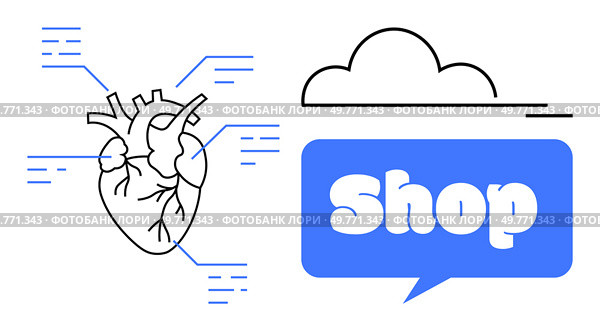 Black and white anatomical heart with blue text pointers. A blue speech bubble with Shop beside a cloud outline. Ideal for healthcare, e-commerce, medical stores, health awareness, and online. Human Heart Diagram with Blue Speech Bubble Cloud and the Word Shop. Стоковая иллюстрация, агентство Ingram Publishing / Фотобанк Лори